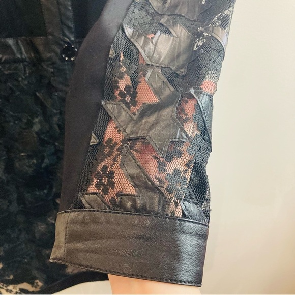 BETTY BARCLAY Sz 14 Knit Vegan Leather Houndstooth Floral Sheer Lace Long Jacket - Picture 11 of 14